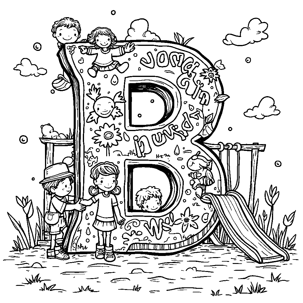 A letter B with a jungle gym and children playing around it