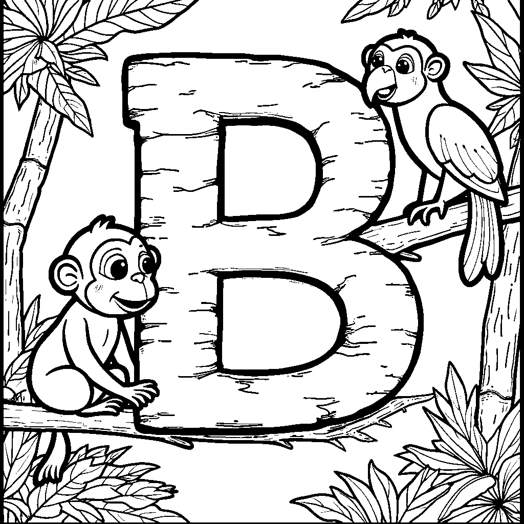 A letter B with a jungle theme, featuring cute animals like monkeys and parrots.