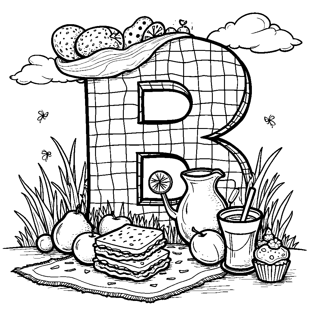 A letter B with a picnic scene, complete with a blanket and food