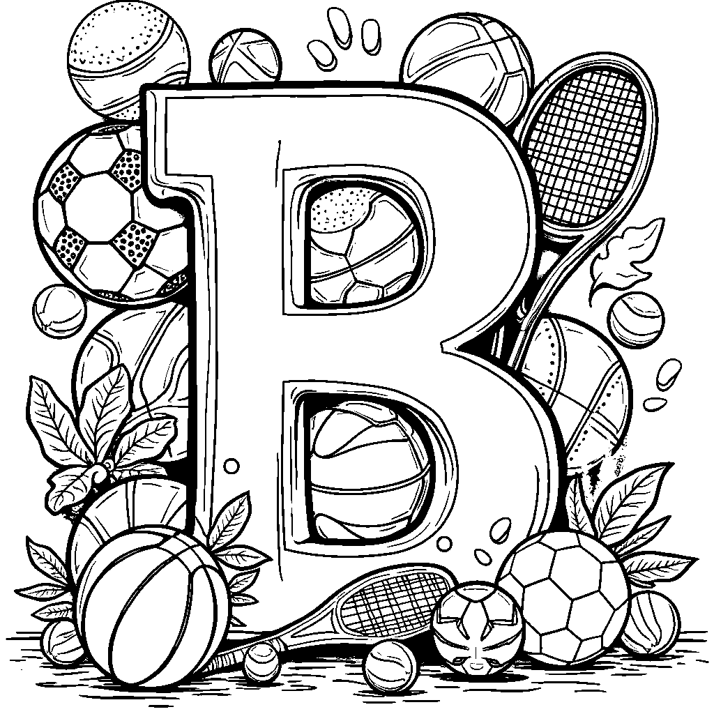 A letter B with sports items surrounding it, like soccer balls and tennis rackets.