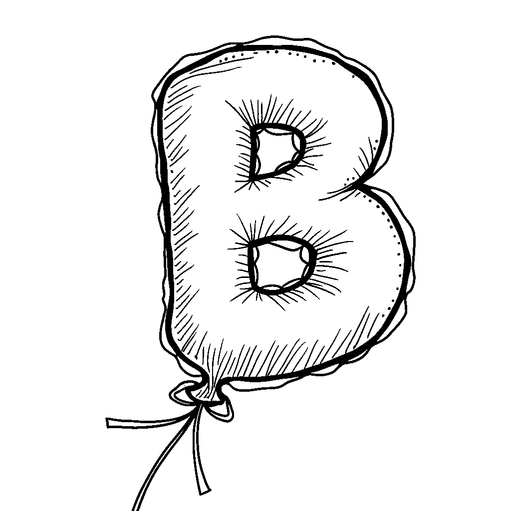 The letter B as a balloon tied to a little kid's wrist.