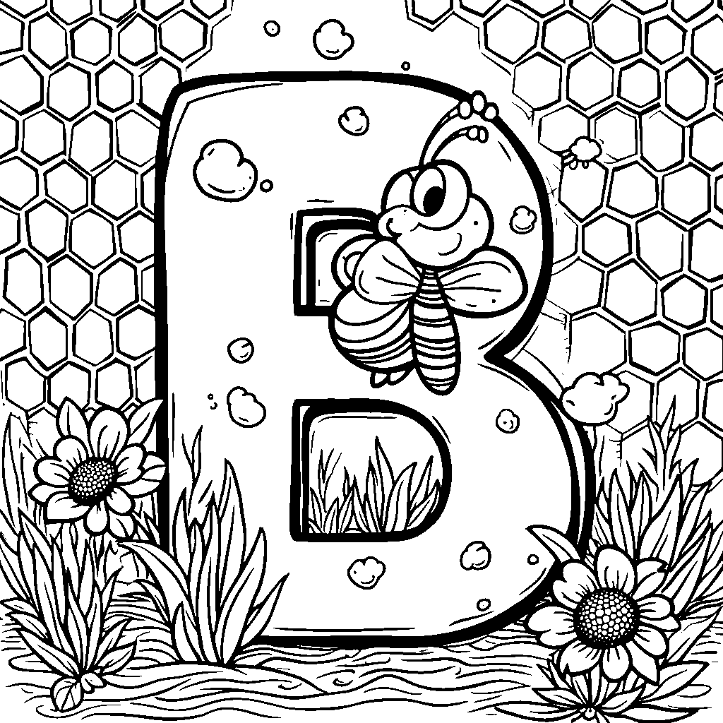 The letter B as a cheerful bee buzzing around a honeycomb