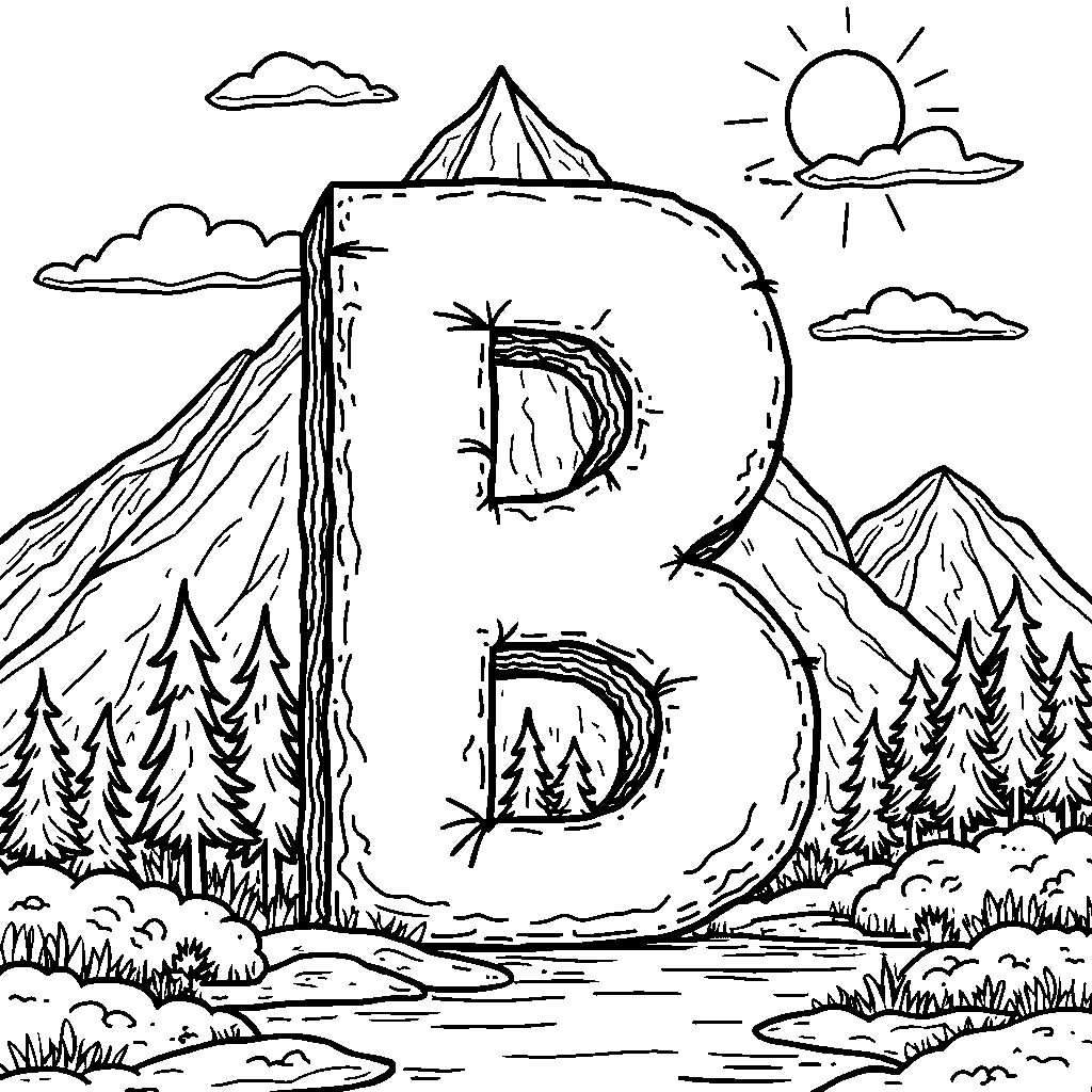 The letter B as a giant mountain with trees and a sunny sky above