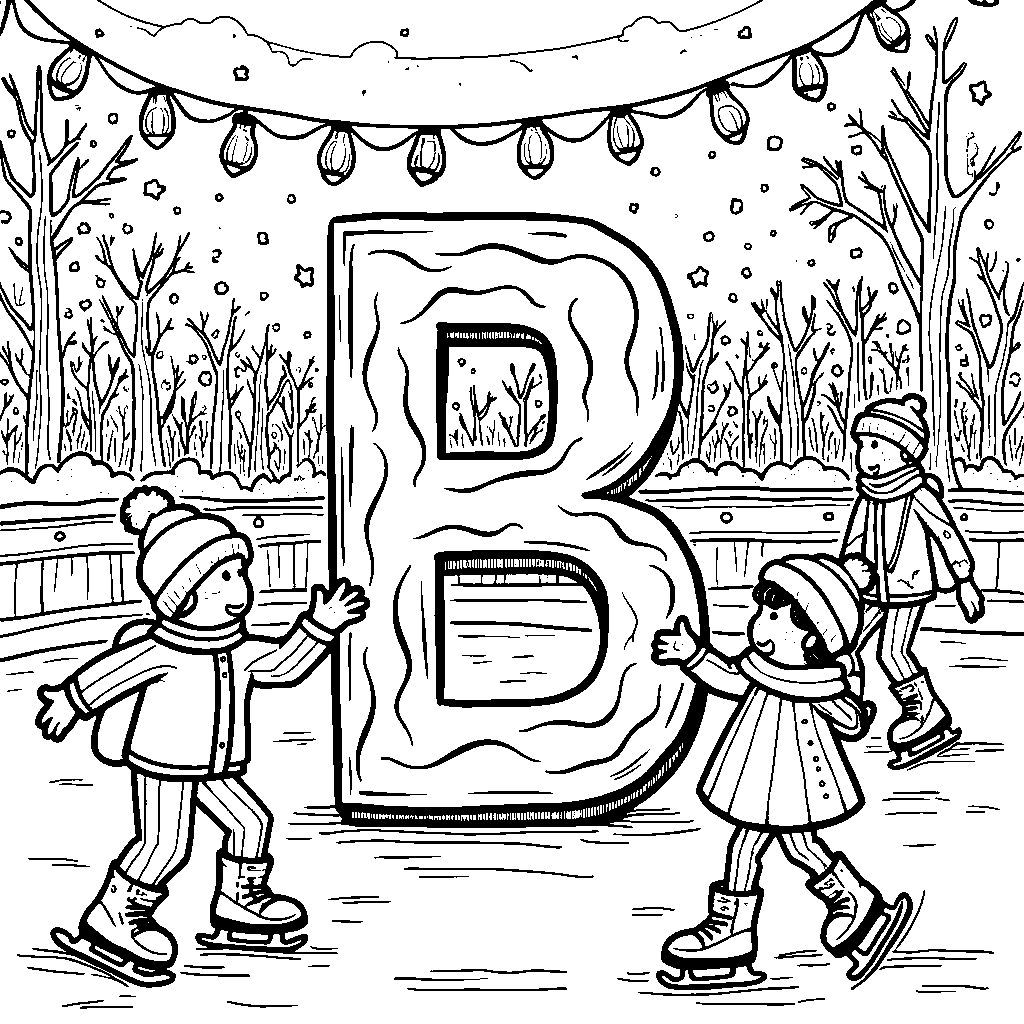 The letter B as an ice skating rink with skaters gliding around.