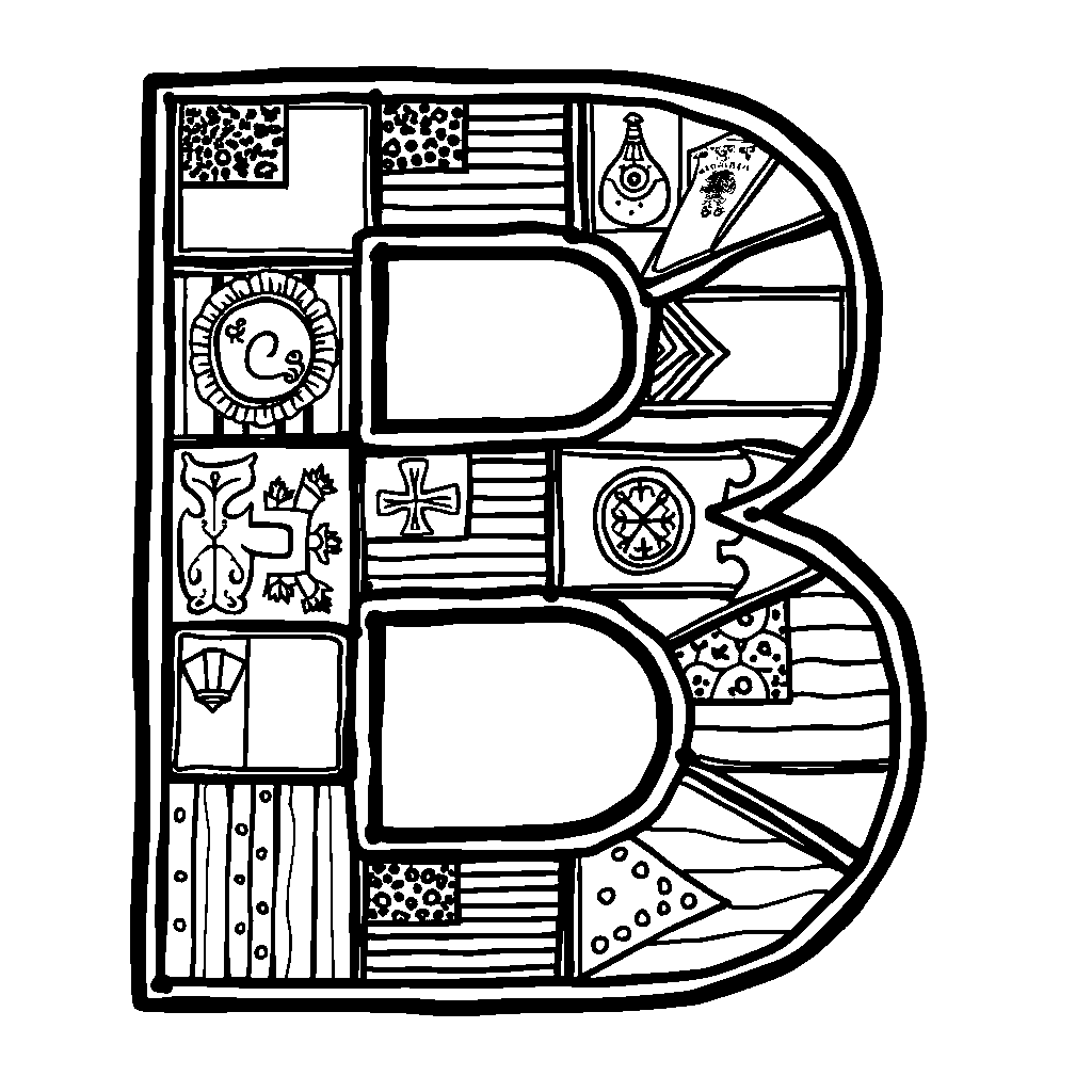 The letter B covered in patches from various countries around the world.