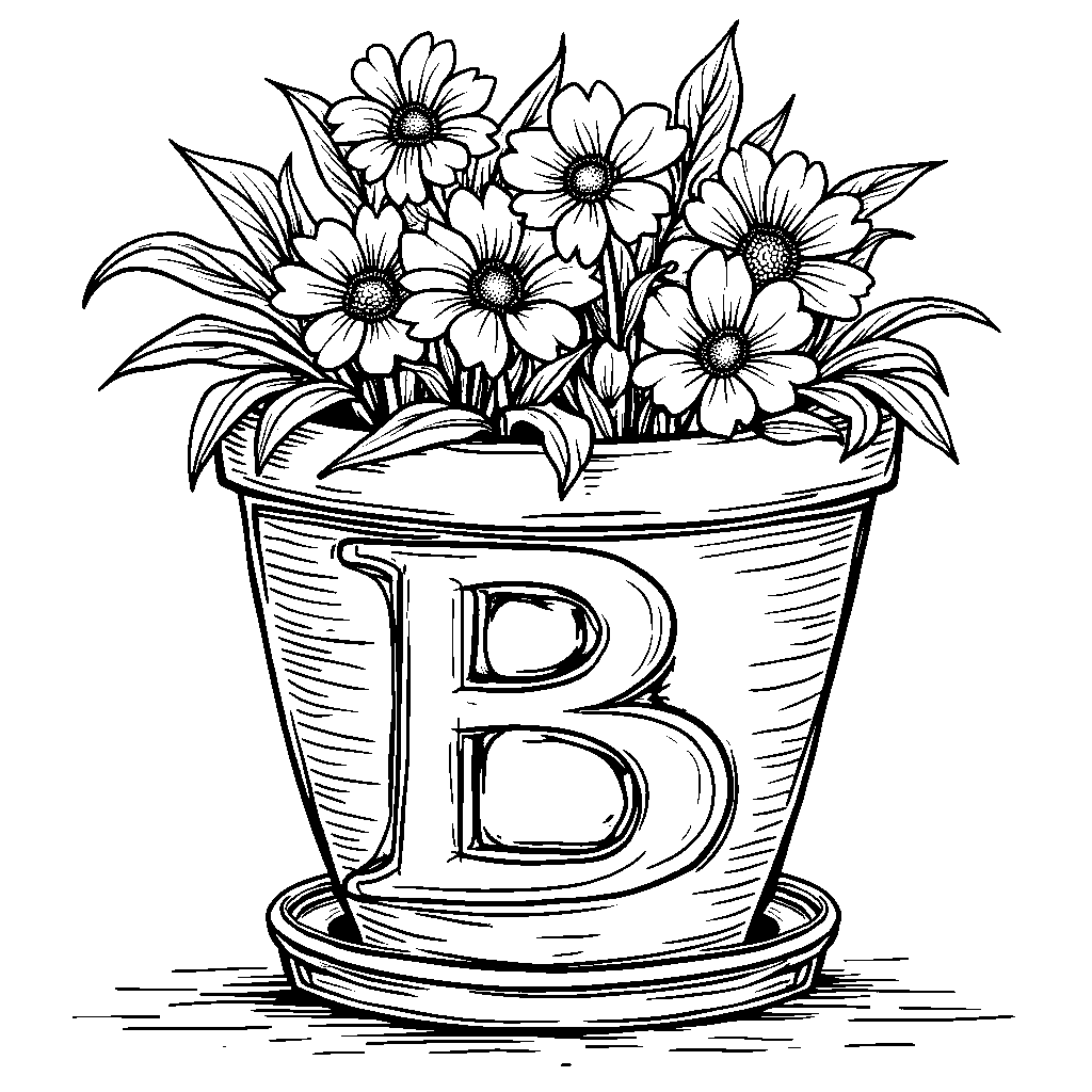 The letter B designed as a flower pot with blooming plants.