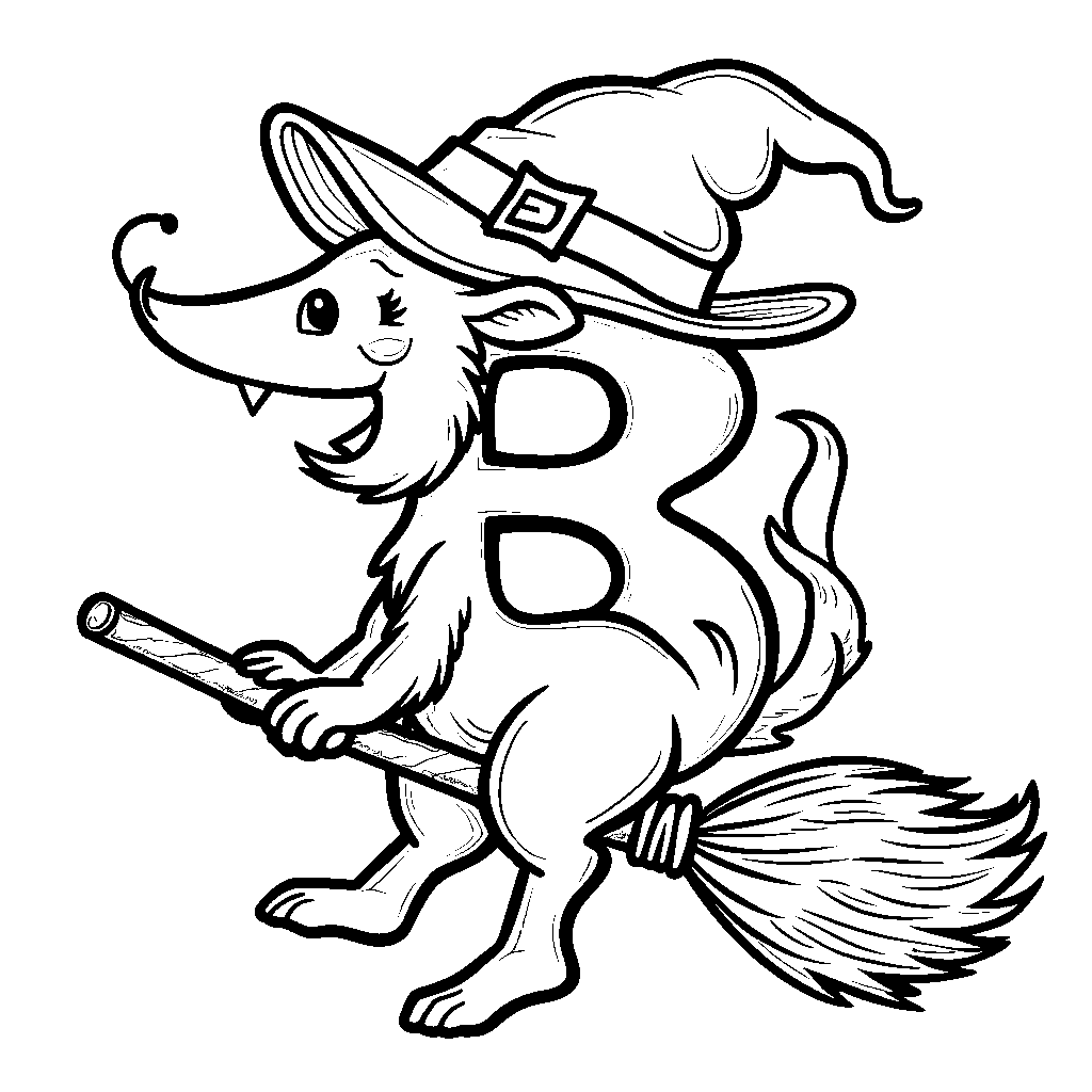 The letter B dressed in a witch's hat and broomstick for Halloween