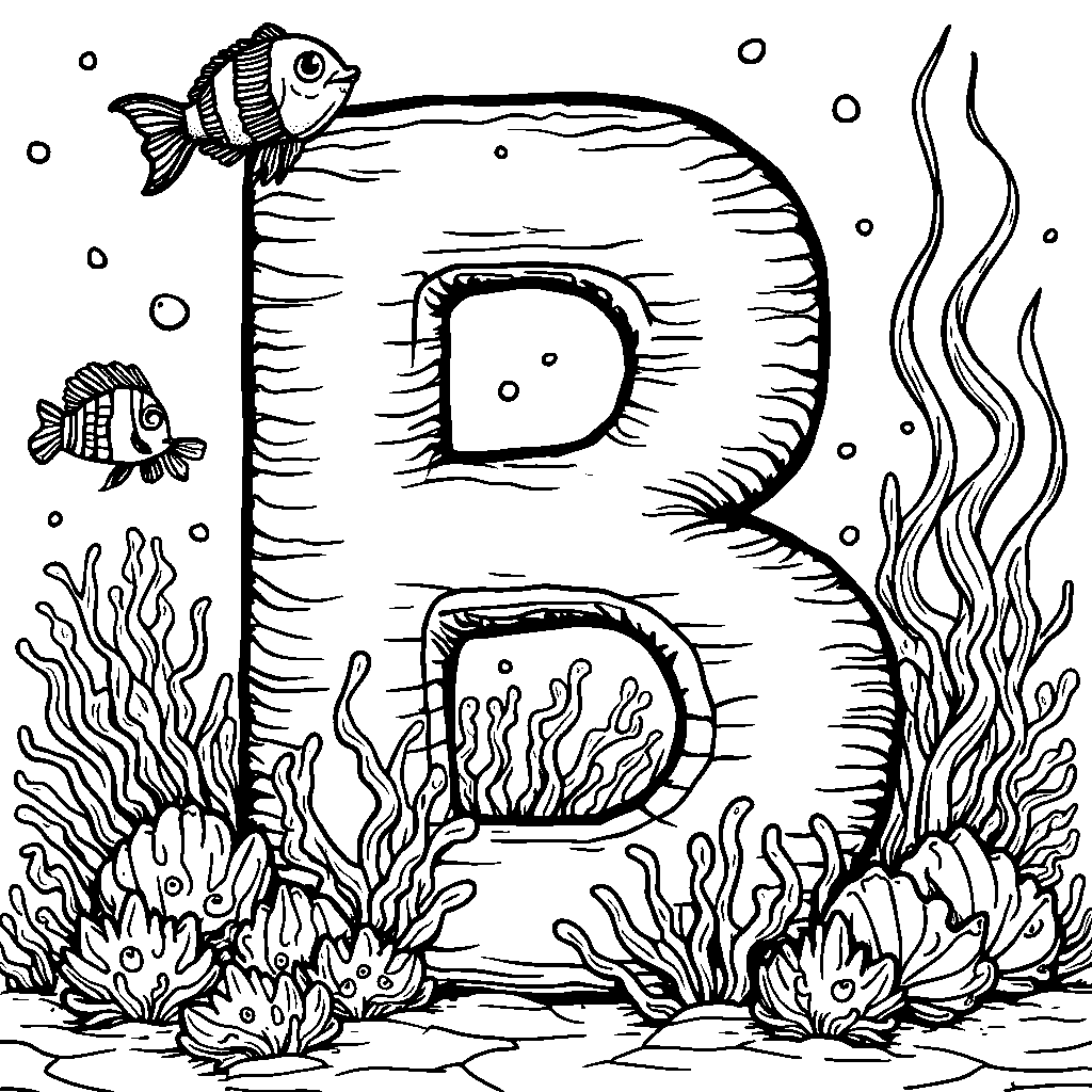 The letter B exploring an underwater world with fish and corals.