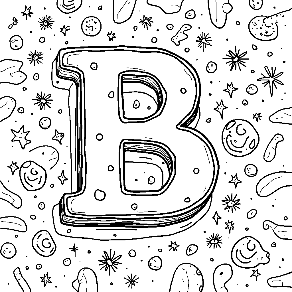 The letter B in outer space, surrounded by glowing galaxies.