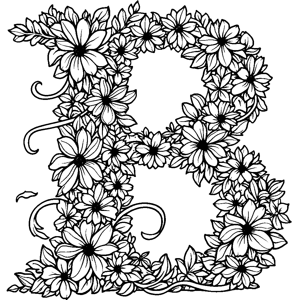 The letter B made of colorful flowers and vines.