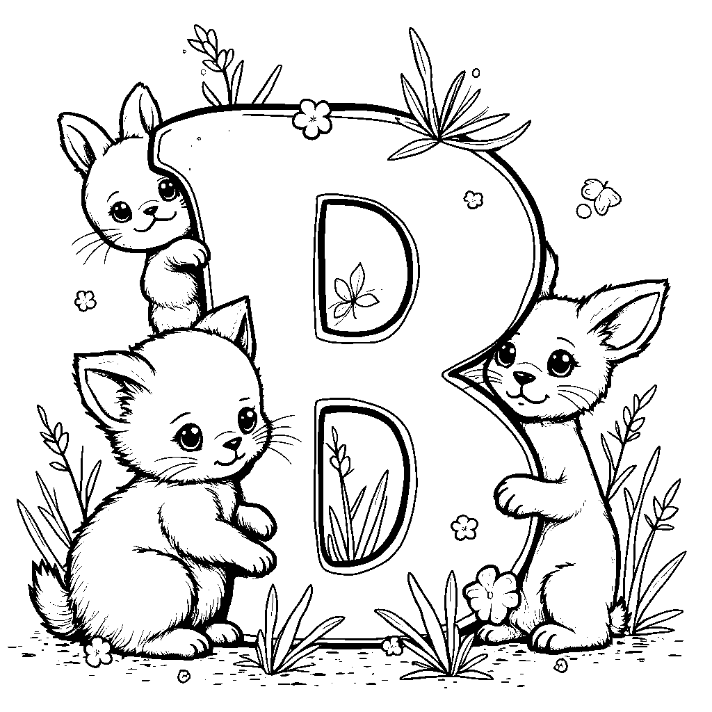 The letter B surrounded by adorable baby animals, like kittens and bunnies.