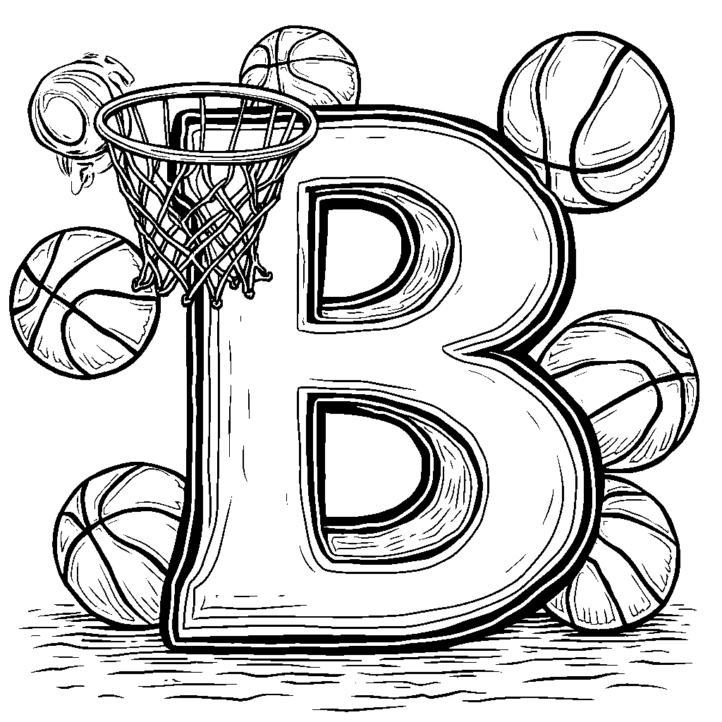 The letter B surrounded by bouncing basketballs and a hoop.