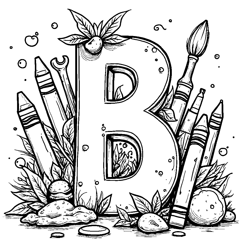 The letter B surrounded by crayons, paints, and artistic tools.