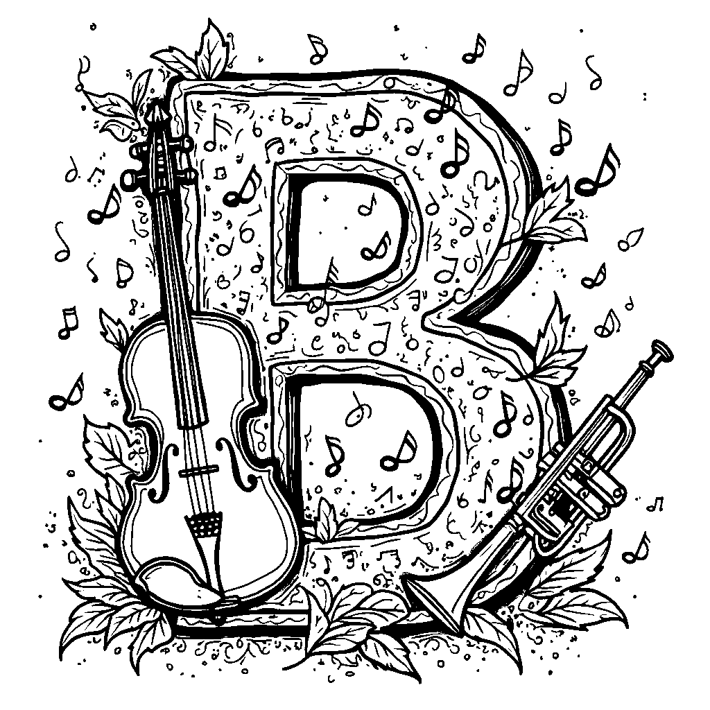 The letter B surrounded by musical notes, violins, and trumpets.