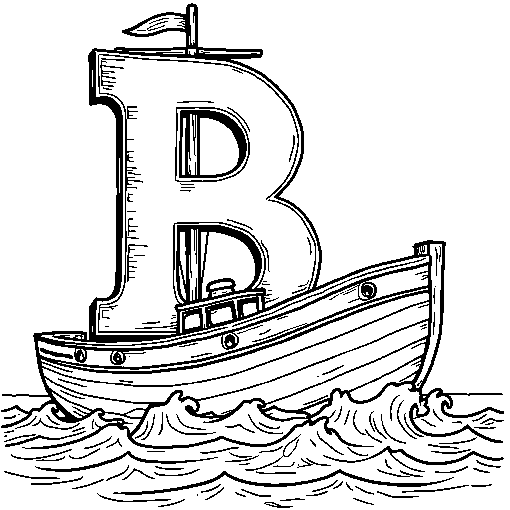 The letter B turned into a big, blue boat sailing on gentle waves.