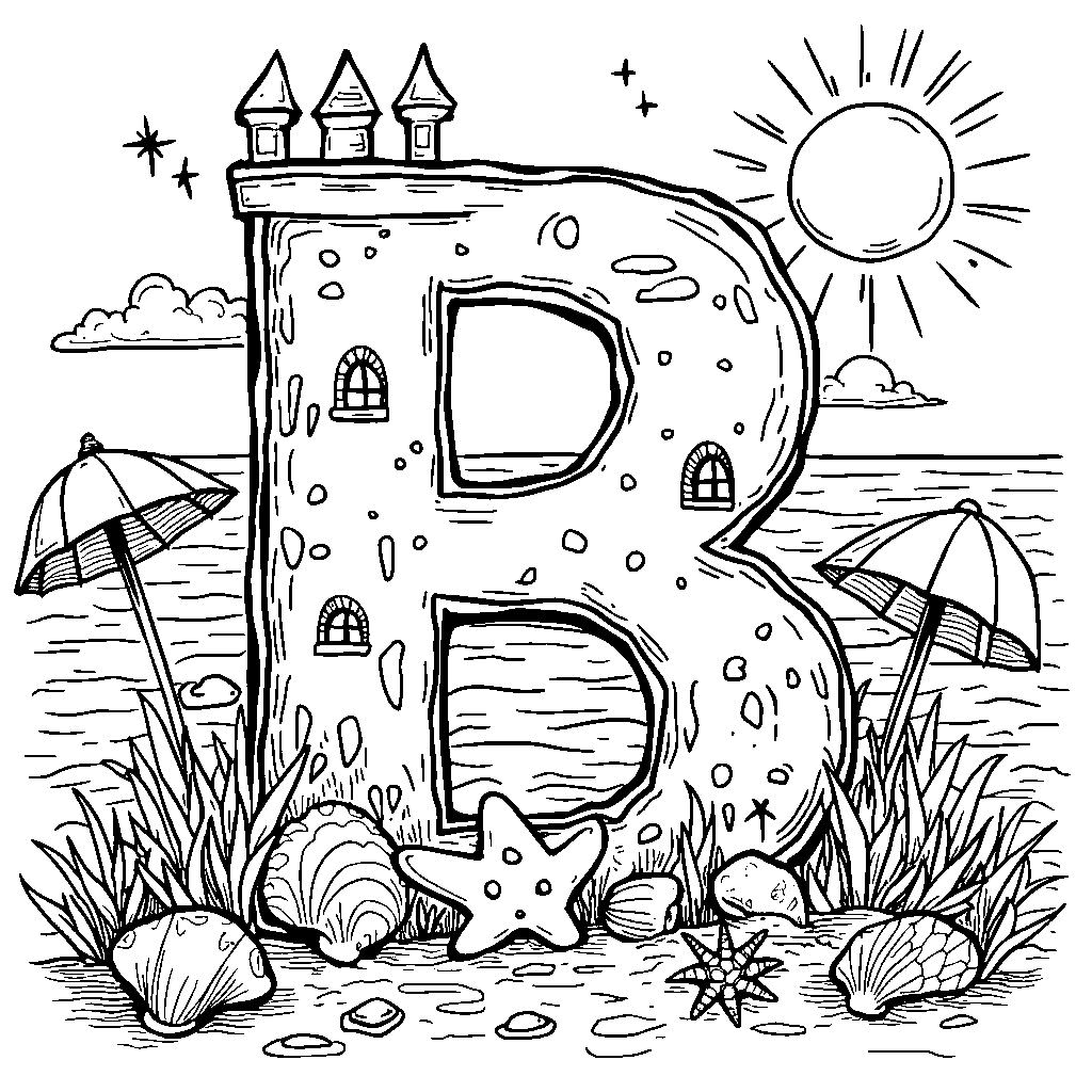 The letter B with a beach scene, complete with sandcastles and seashells.