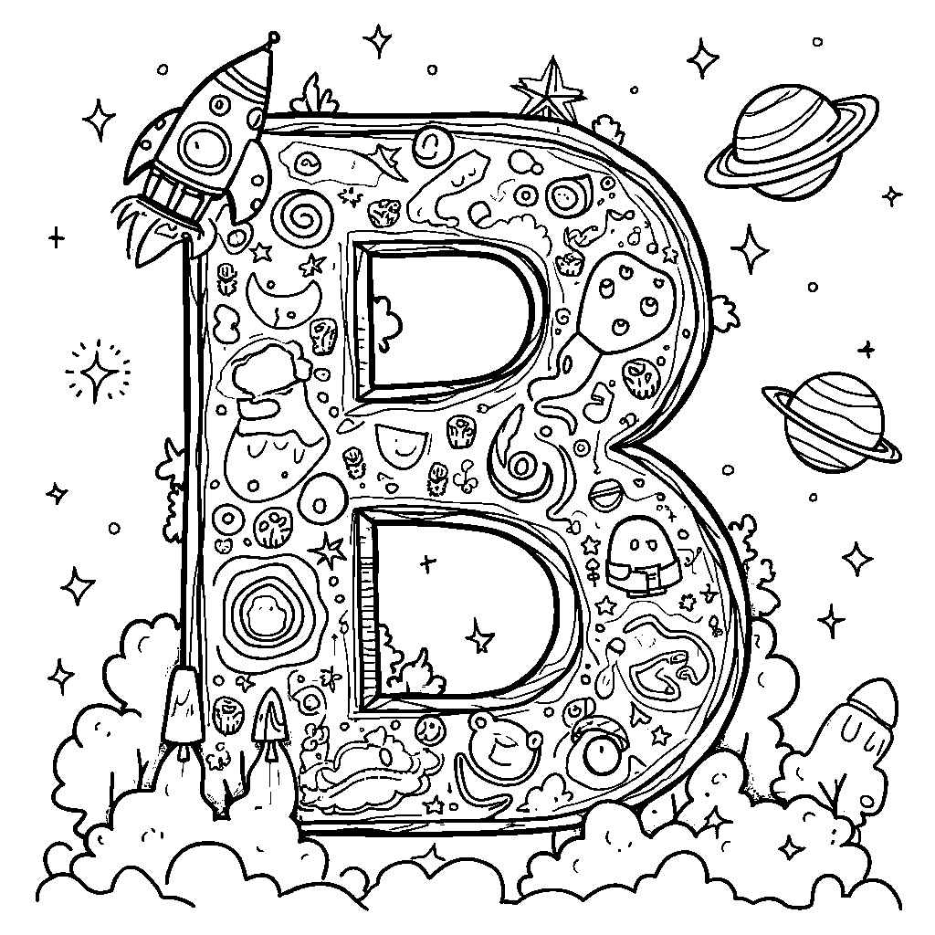 The letter B with a fun space theme, featuring rockets and planets.