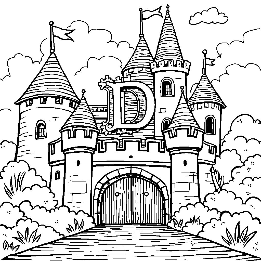 A castle scene with the letter D as the drawbridge