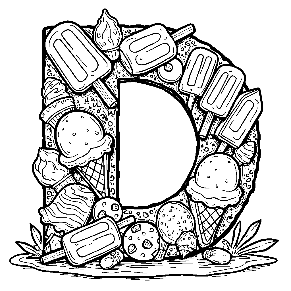 A colorful letter D filled with ice cream cones and popsicles