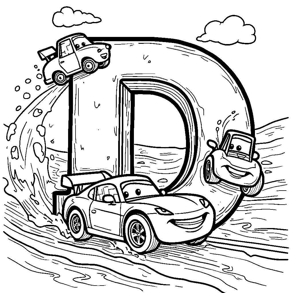 A creative letter D with cartoon-style cars racing around it