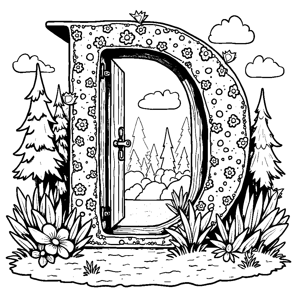 A doodle of the letter D as a door leading to a magical world