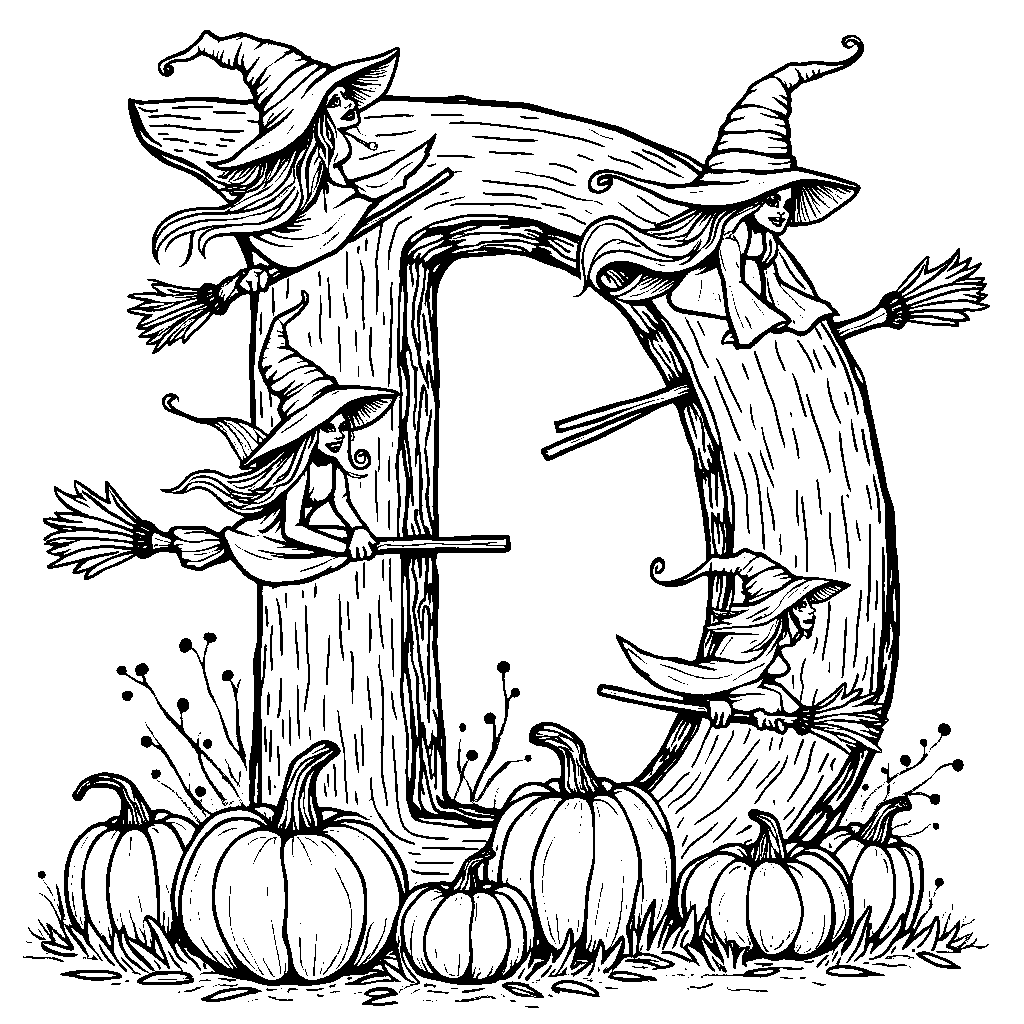 A Halloween-themed letter D with witches and pumpkins