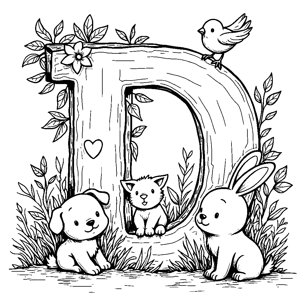 A heartwarming letter D surrounded by cute cartoon animals