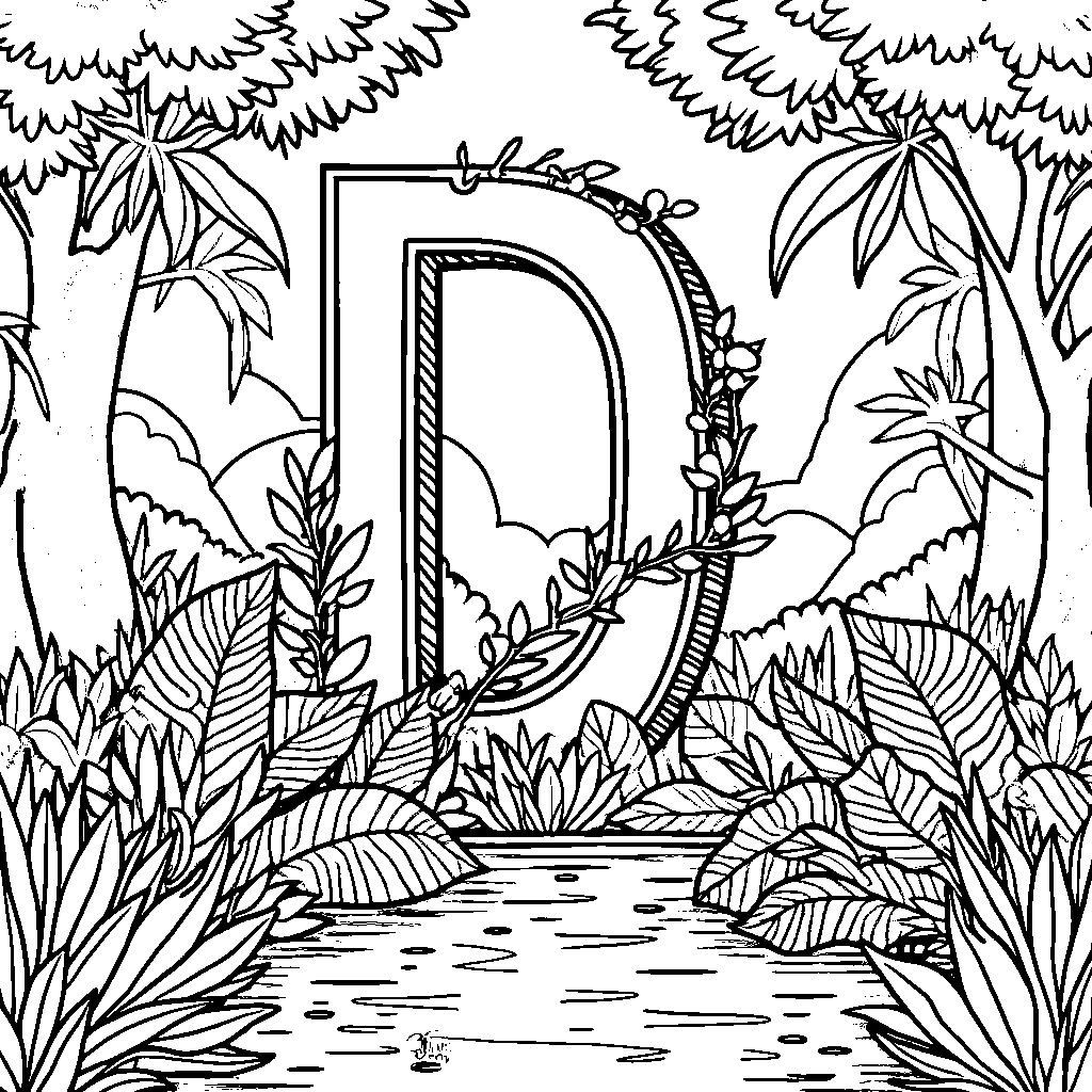 A jungle adventure scene with the letter D as a climbing vine