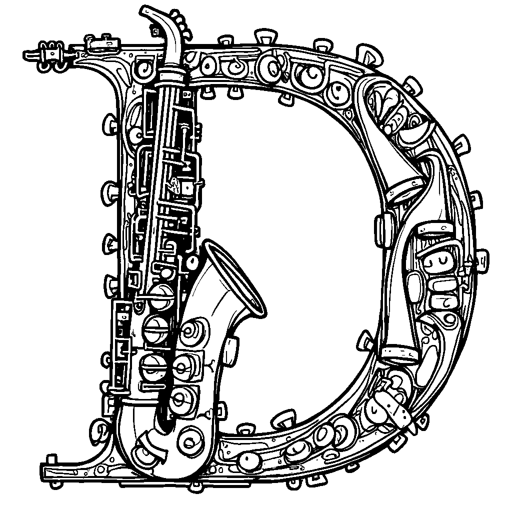 A letter D made of musical instruments like guitars and saxophones