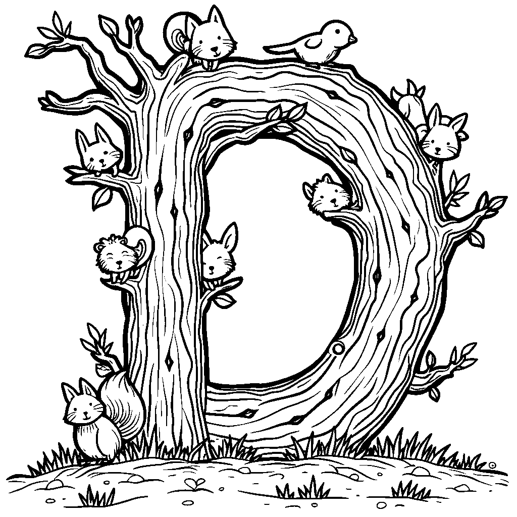 A nature-inspired letter D with trees and animals peeking out