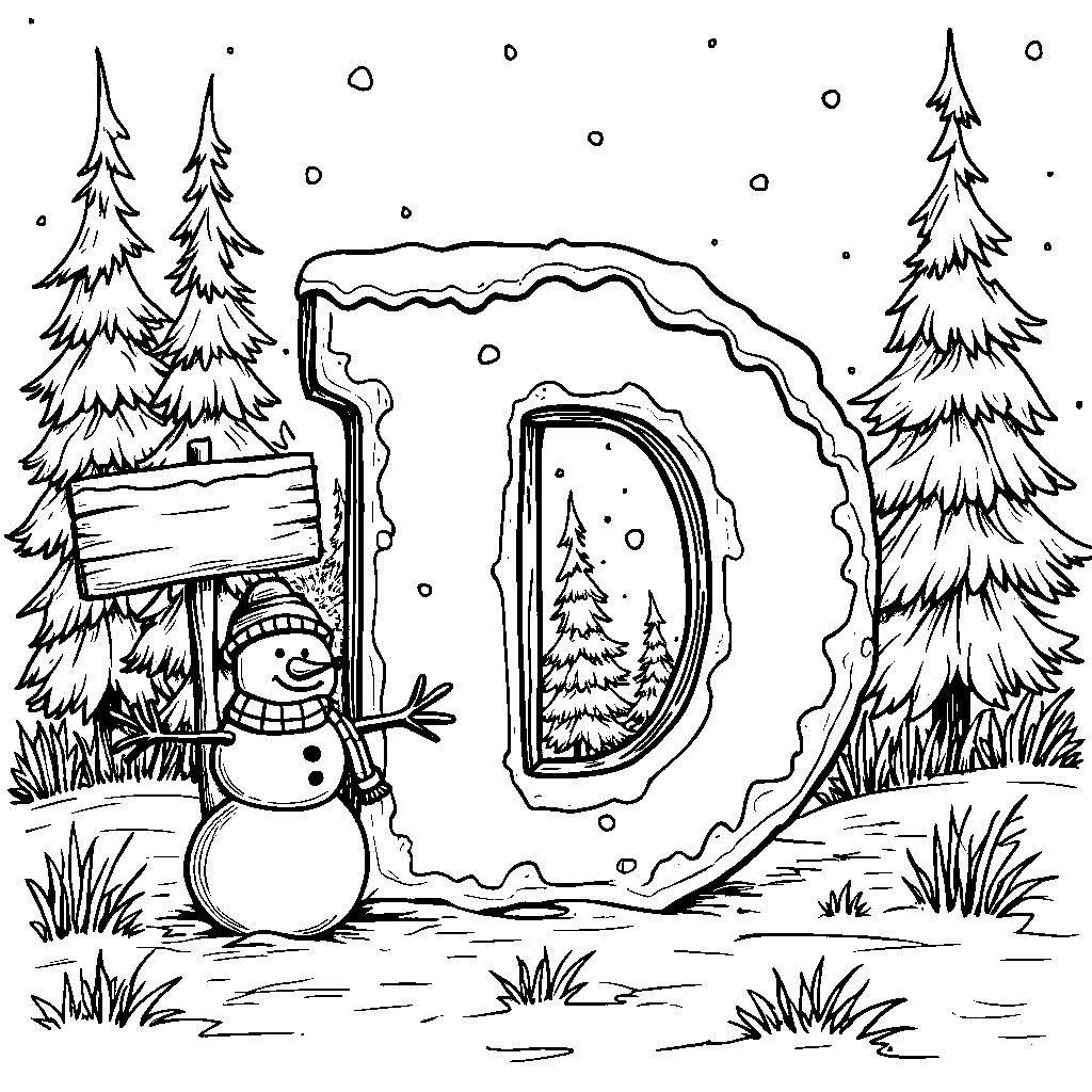 A snowy landscape with the letter D as a snowman holding a sign