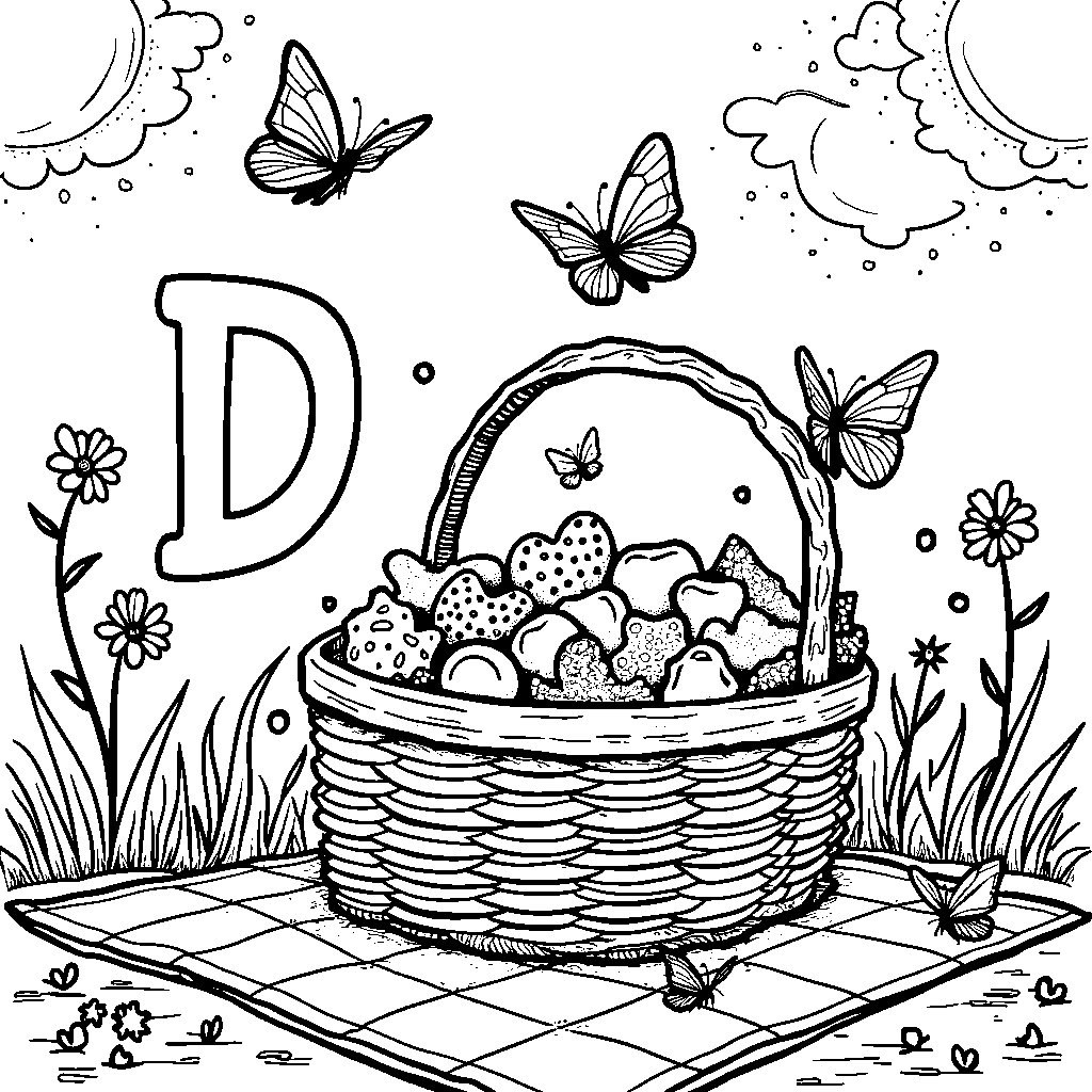 A sunny picnic scene with the letter D as a picnic basket