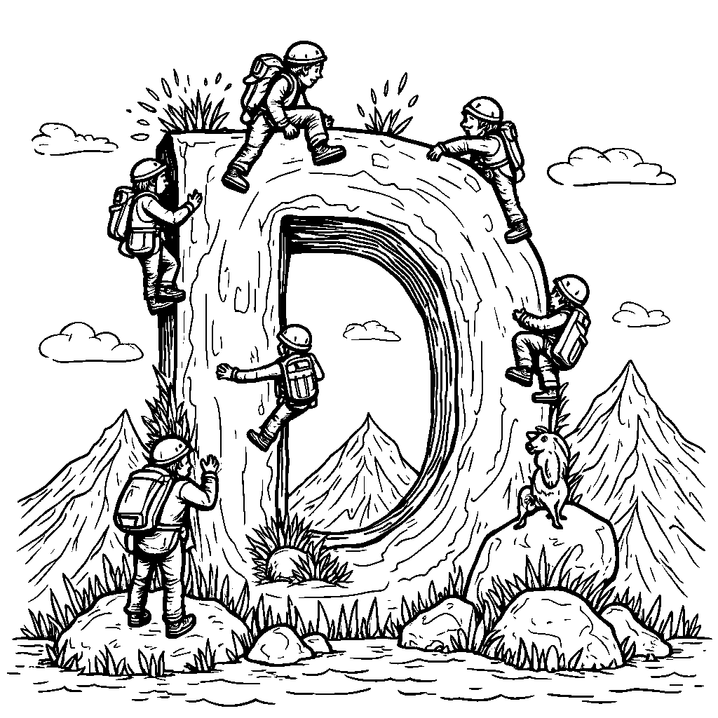 An adventure-filled letter D with mountaineering characters