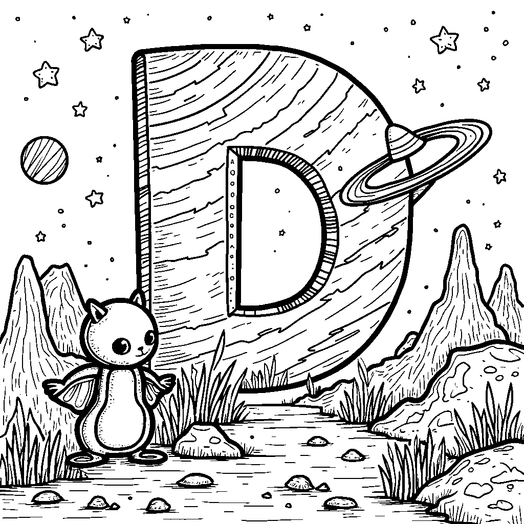 An outer space adventure with the letter D as a planet