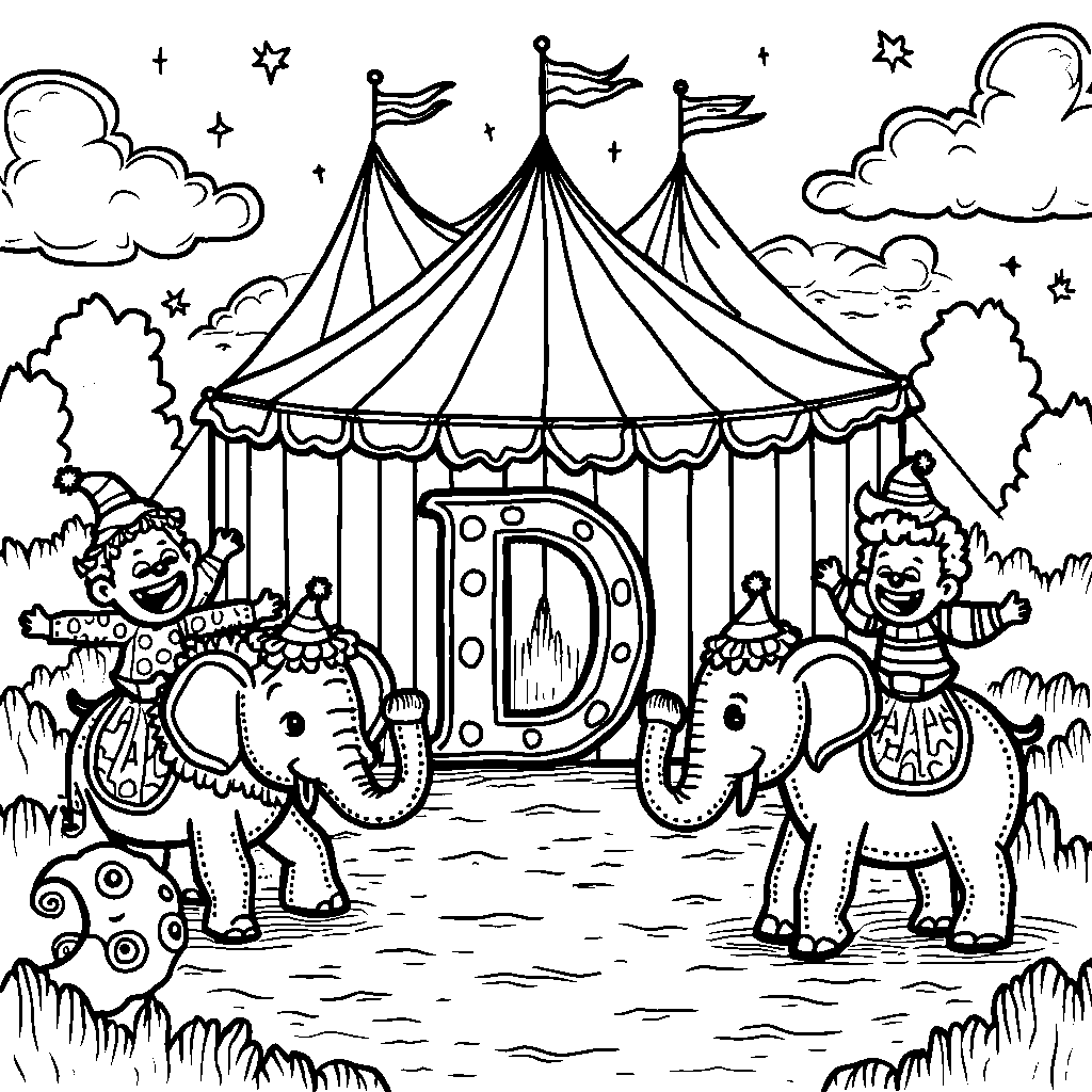 A circus scene with the letter D as a colorful tent entrance