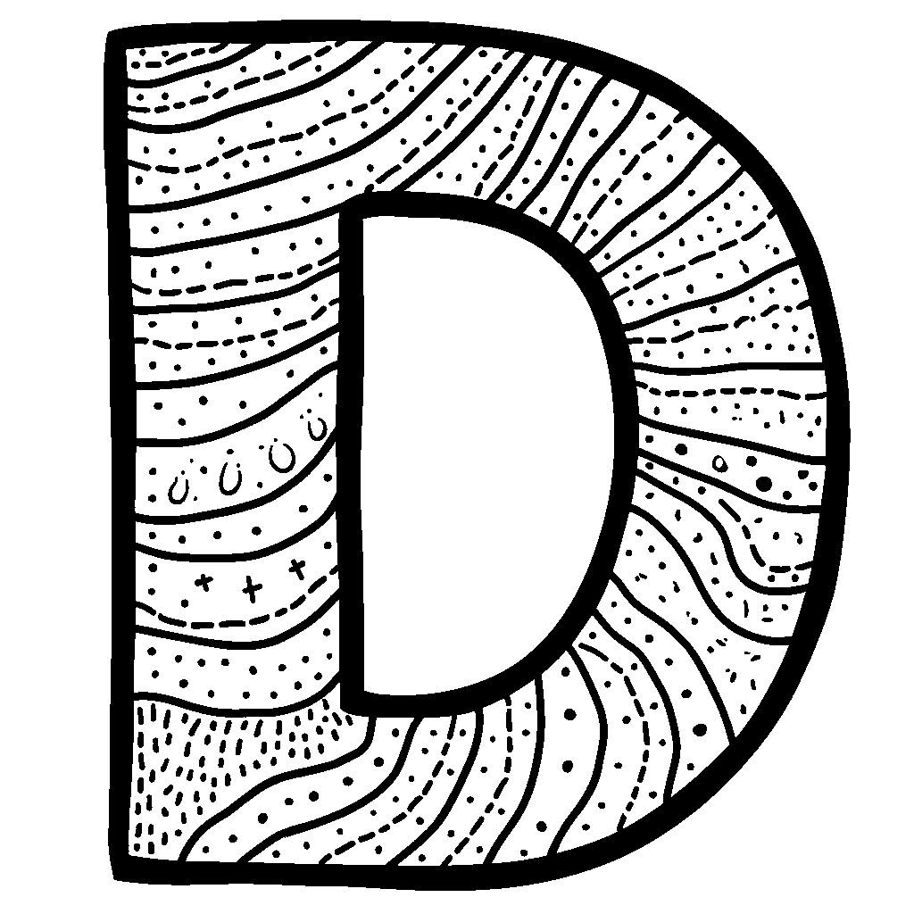 Letter D filled with fun patterns like stripes and polka dots