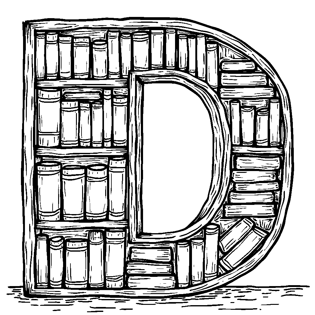 The letter D portrayed as a cozy bookshelf filled with books