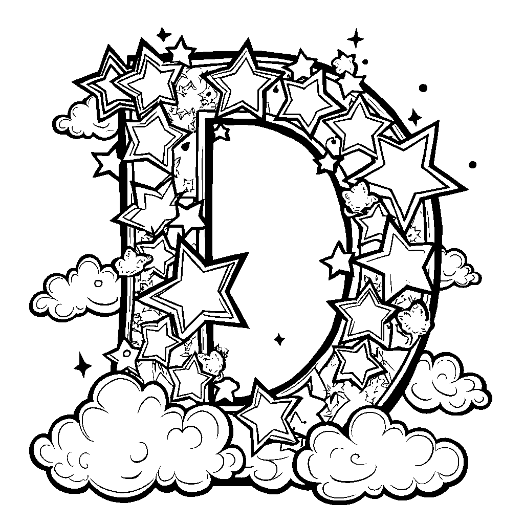 The letter D decorated with colorful stars and clouds