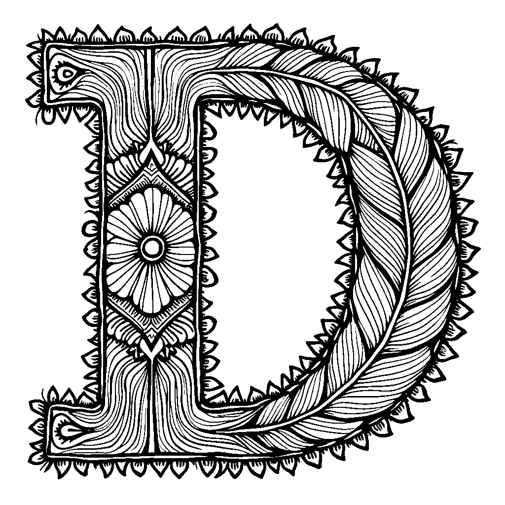 The letter D decorated with vibrant feathers and tribal patterns