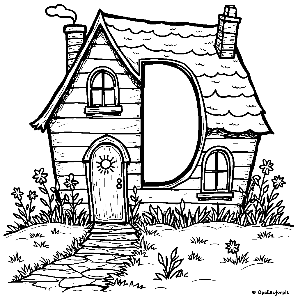 The letter D depicted as a cozy little house with smoke coming from the chimney