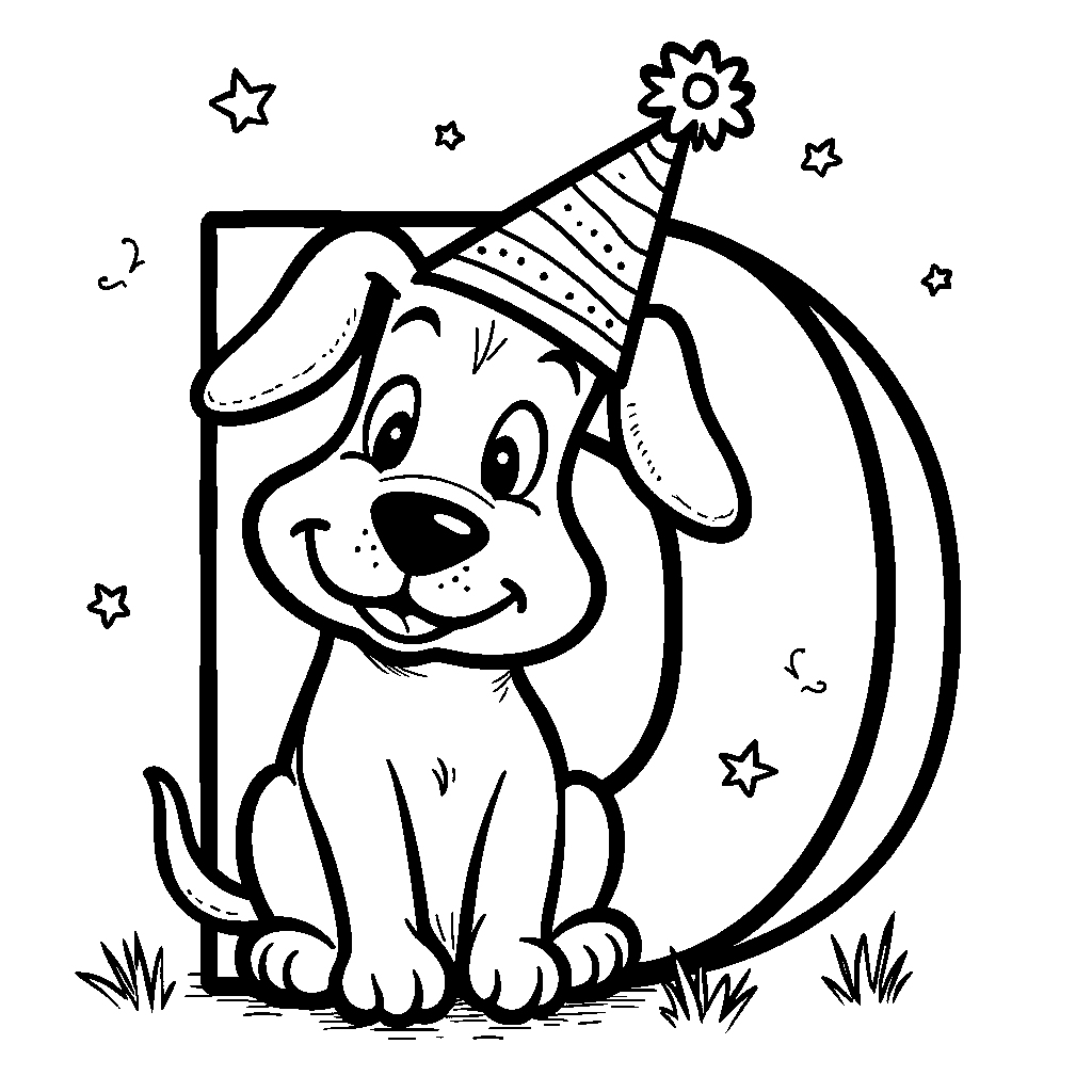 The letter D depicted as a dog wearing a party hat