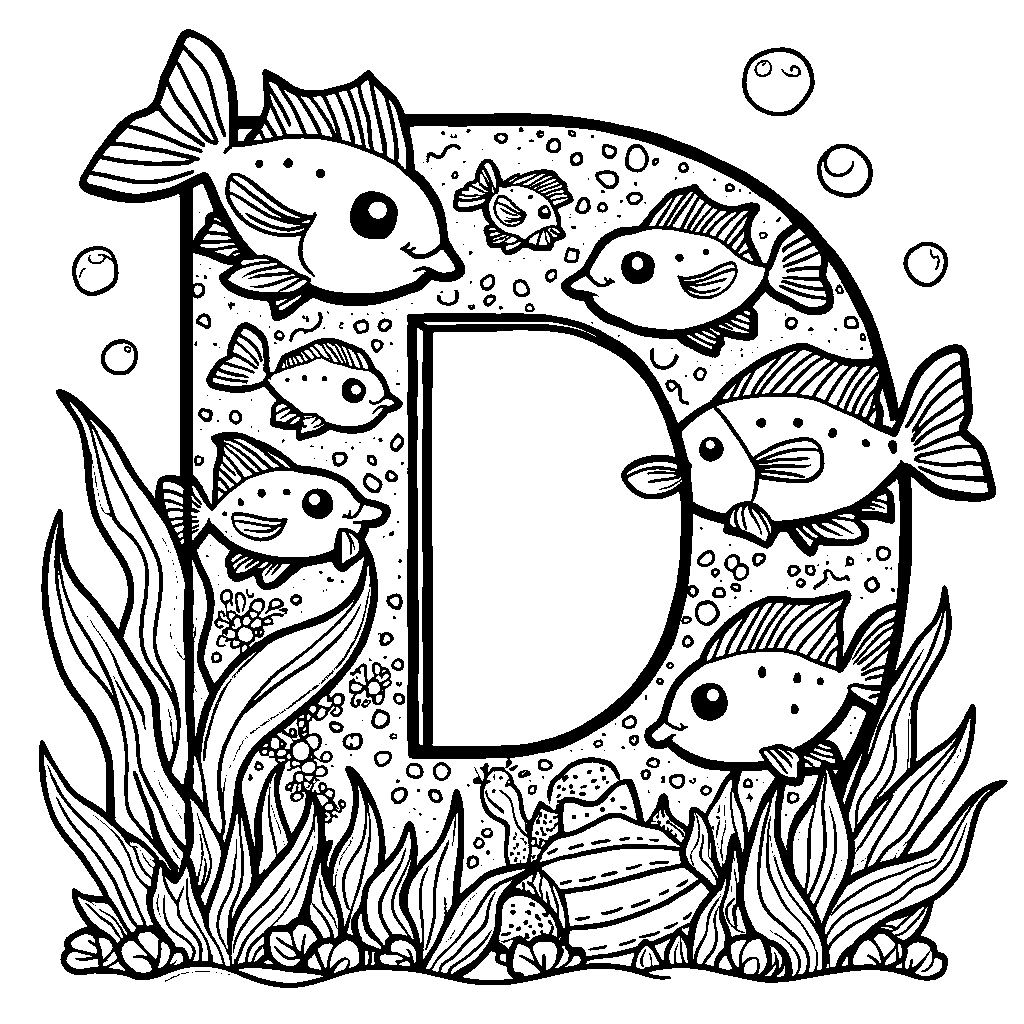 The letter D embedding an underwater scene with fish and seaweed