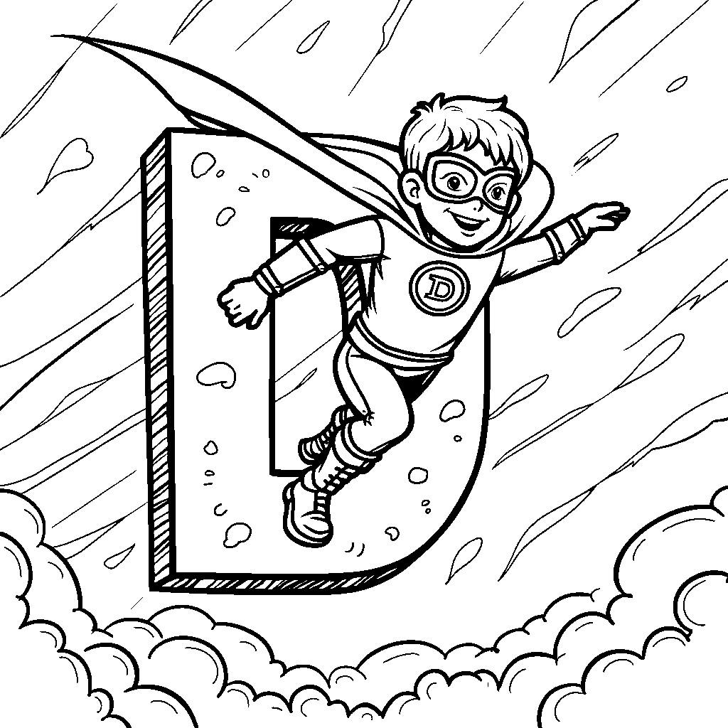 The letter D featuring a superhero flying across the sky