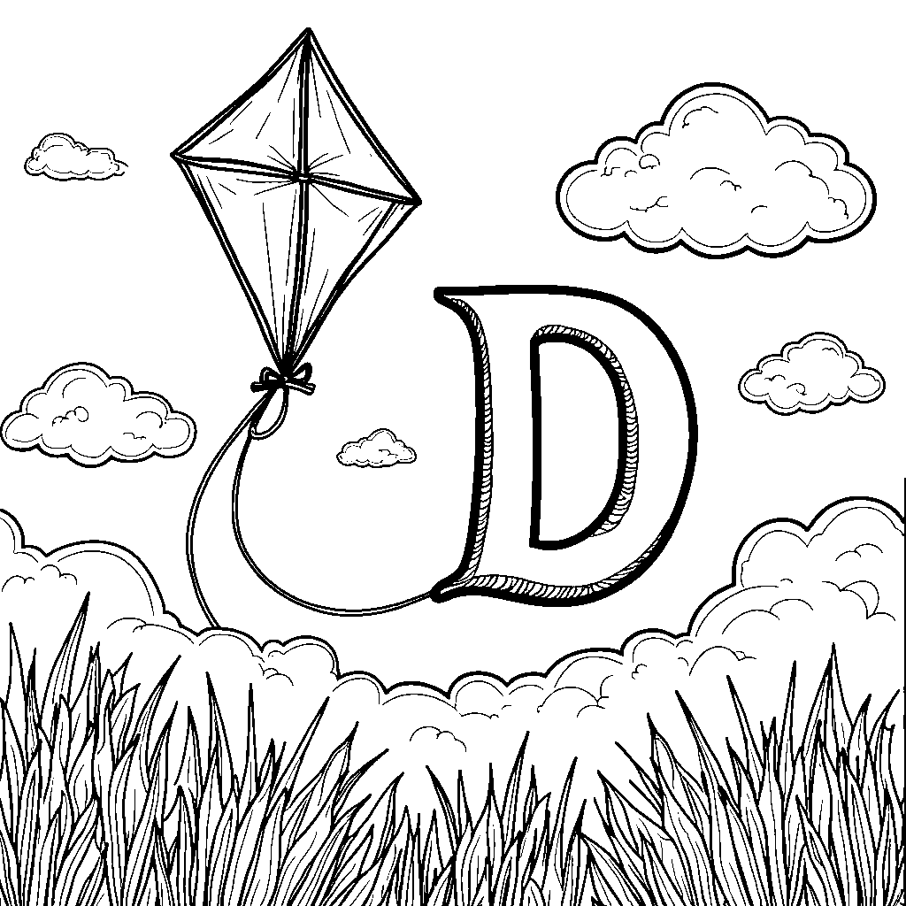 The letter D floating in the sky with a kite and fluffy clouds