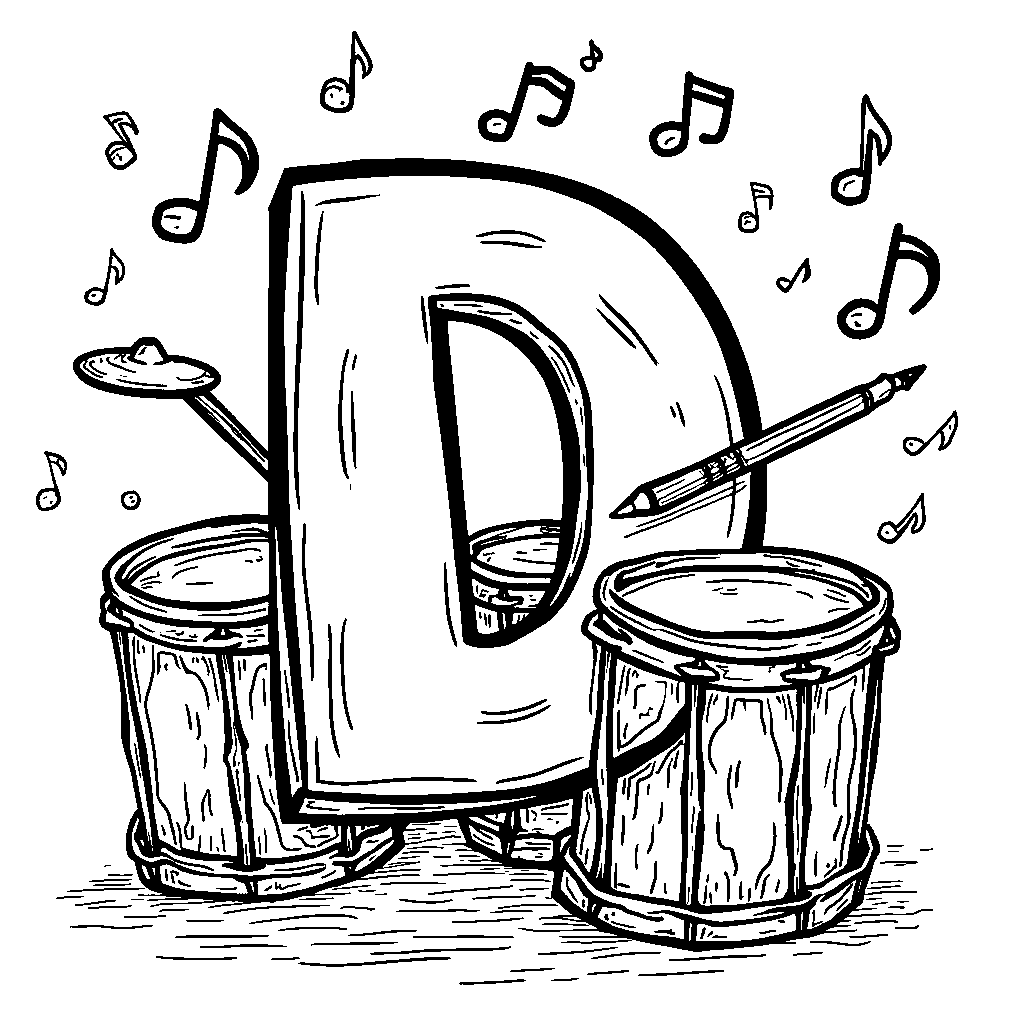 The letter D illustrated as a drum with musical notes around it