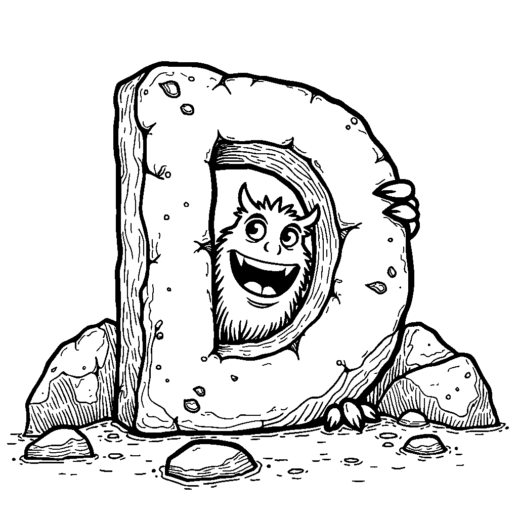 The letter D illustrated as a friendly monster peeking from behind a rock