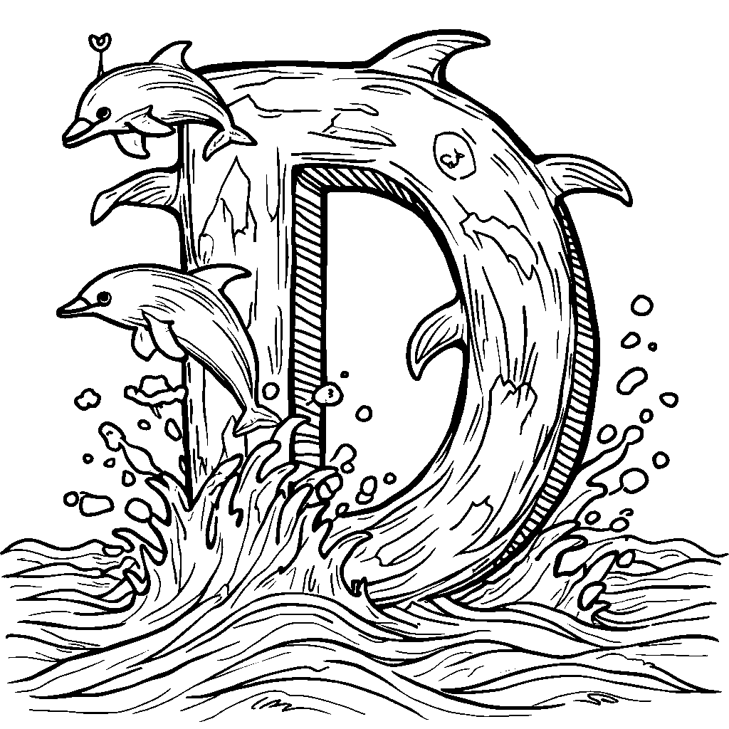 The letter D illustrated with playful dolphins jumping in waves