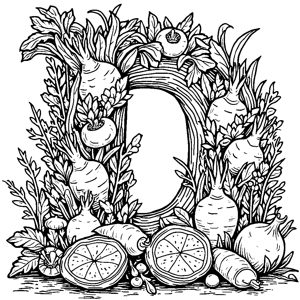 The letter D inside a colorful garden full of fruits and vegetables