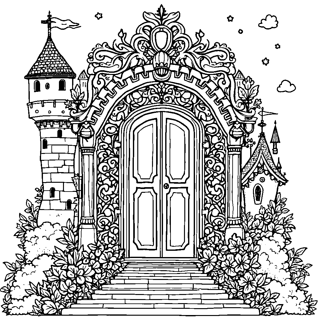 The letter D represented as a magical door to a castle