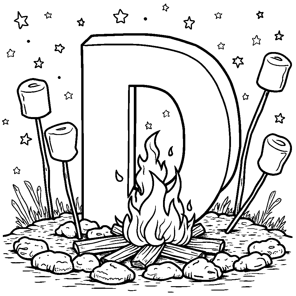 The letter D resting beside a campfire with marshmallows on sticks